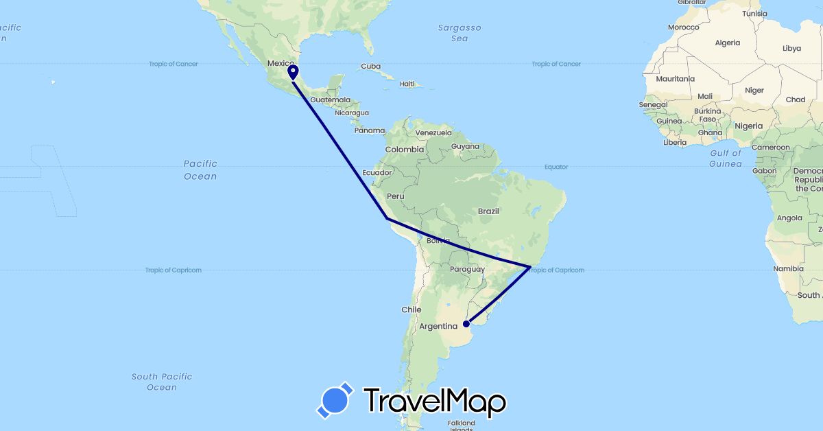 TravelMap itinerary: driving in Argentina, Brazil, Mexico, Peru (North America, South America)